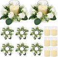 White Rose Candle Rings with Flameless Candles Sets - 12PCS Artificial Flower Eucalyptus Wedding Centerpiece 3 Inch Pillar Candleholders Wreaths for Wedding Party Decor (White - 6 Sets)