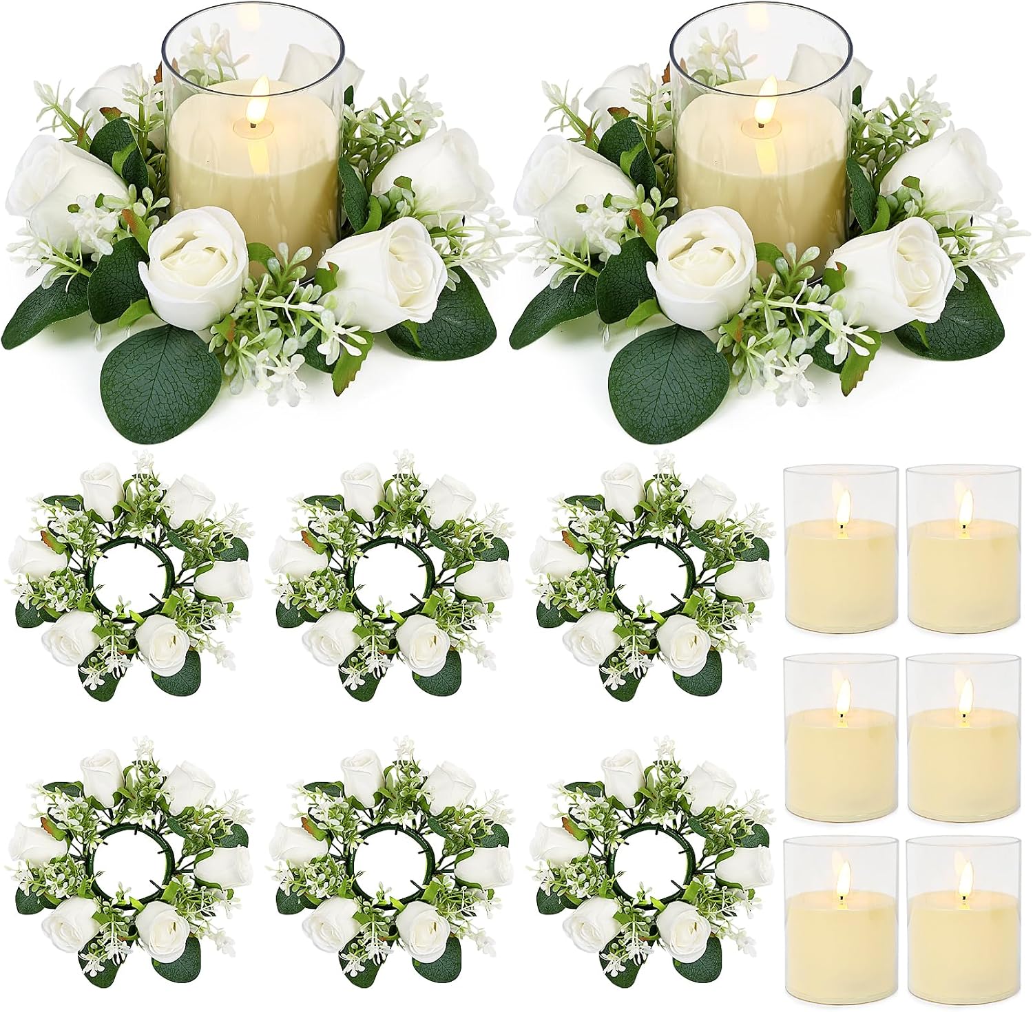 White Rose Candle Rings with Flameless Candles Sets - 12PCS Artificial Flower Eucalyptus Wedding Centerpiece 3 Inch Pillar Candleholders Wreaths for Wedding Party Decor (White - 6 Sets)