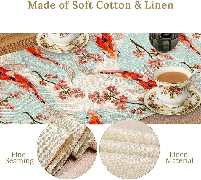 Japanese Kio Fish Table Runner Cherry Flower Art Printed Burlap Runner Home Kitchen Dining Table Living Room Decor Fabric 1 Panel W13xL108in