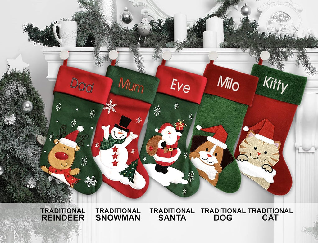 Personalized Christmas Stocking - Snowman Design - Embroidered Name - Large 18.5inch, Traditional Red and Green, Family Holiday Season Decor