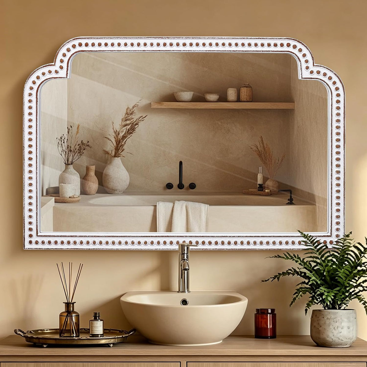 24x36 inch ornate scalloped arch mirror, wooden antique, main product view