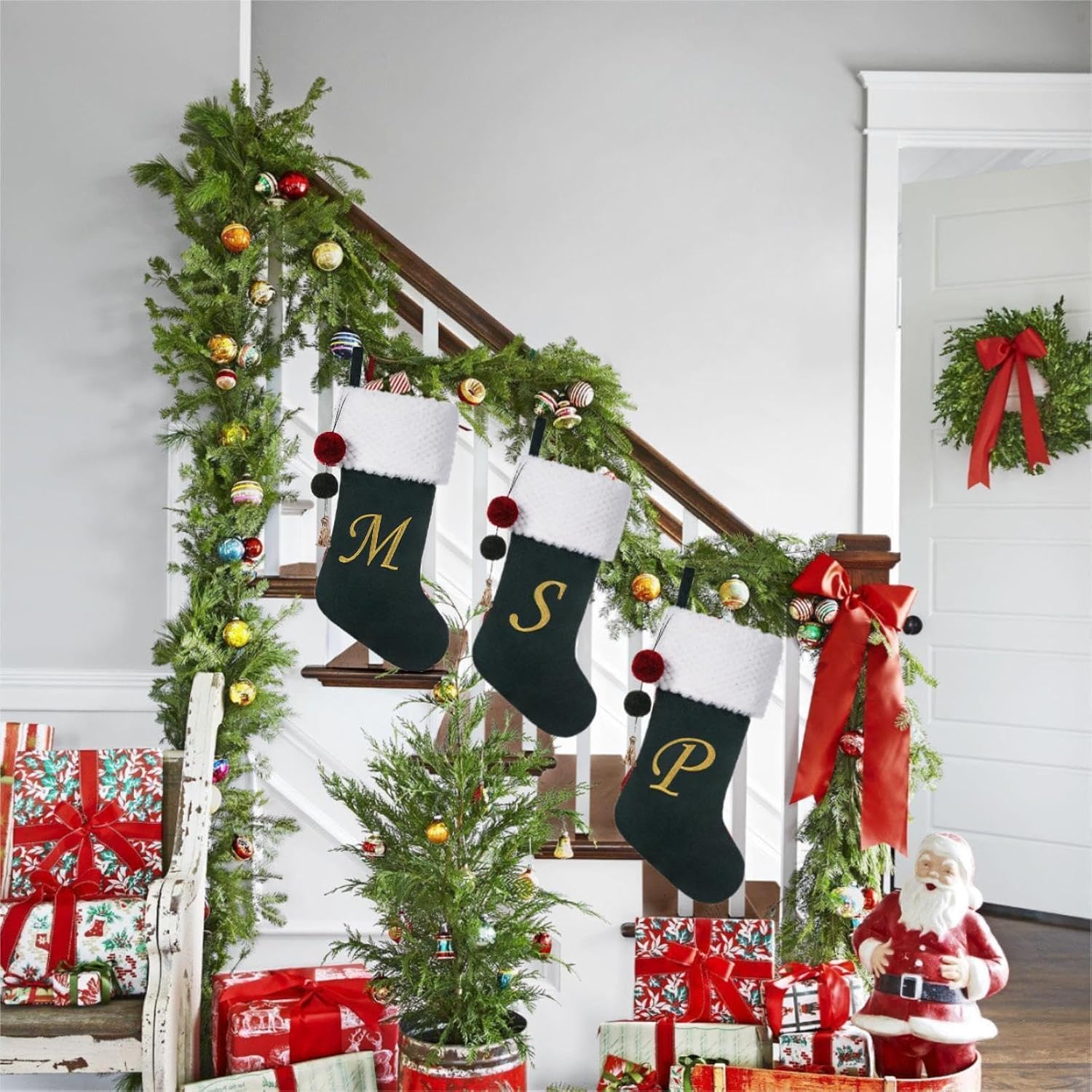 19.5 inches Personalized Velvet Christmas Stocking,Initials Embroidered Letter Christmas Stocking with pom poms, for Fireplace Hanging Decor and Xmas Gift(Green M)