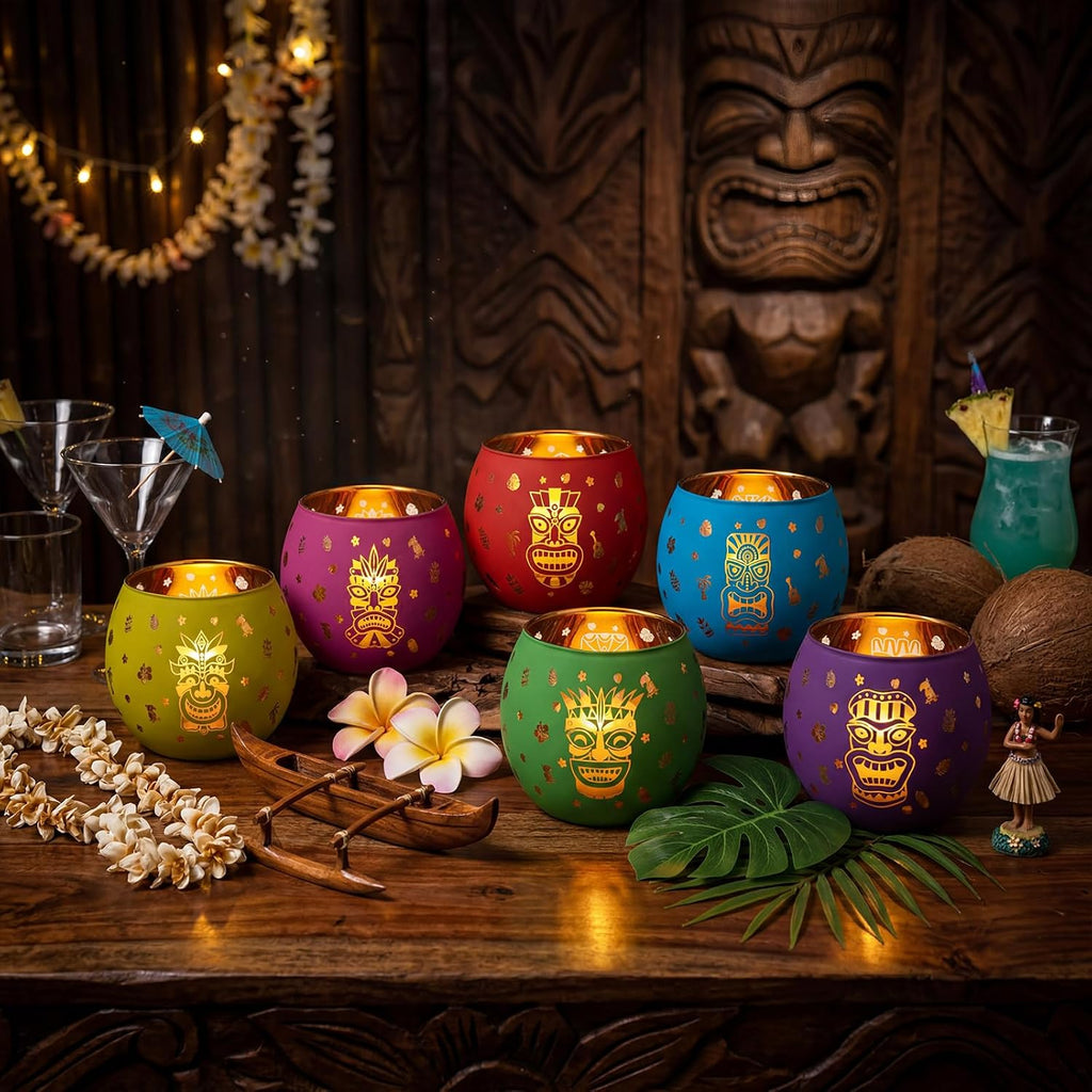 Jingmore 6 Pcs Hawaiian Luau Party Decoration Tiki Votive Candle Holder Tiki Torches Glass Candle Holder Tropical Flower Tealight Holders with 6 Laser Engraving Pattern for Hawaiian Aloha Summer Party