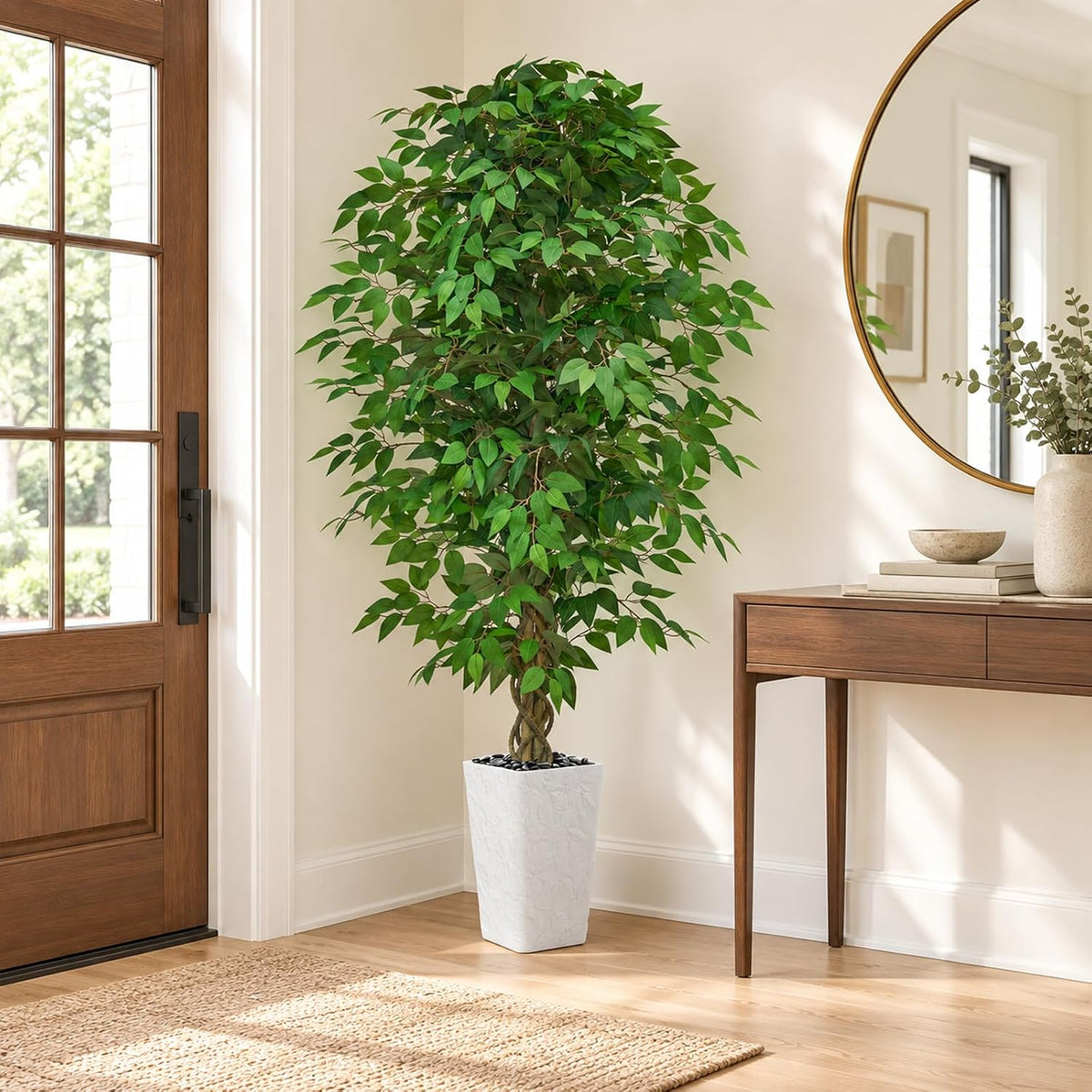 Artificial Ficus Tree 6FT, Large Fake Tree for Home Decor (White Planter)
