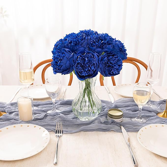 U'Artlines Artificial Peony Silk Flower with Stems 10pcs Real Look Vintage Peonies for Home Wedding Decoration (Navy Blue)