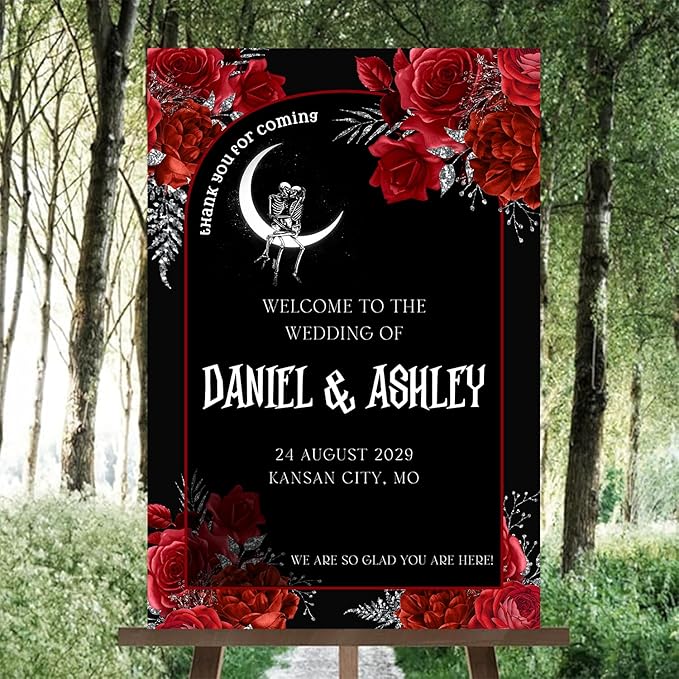 Gothic Halloween Welcome Sign, 4mm Thick Plastic, 12"x18", 28"x24", 18"x27", 24"x36", Black, Burgundy, Ground Stake, Wedding Sign