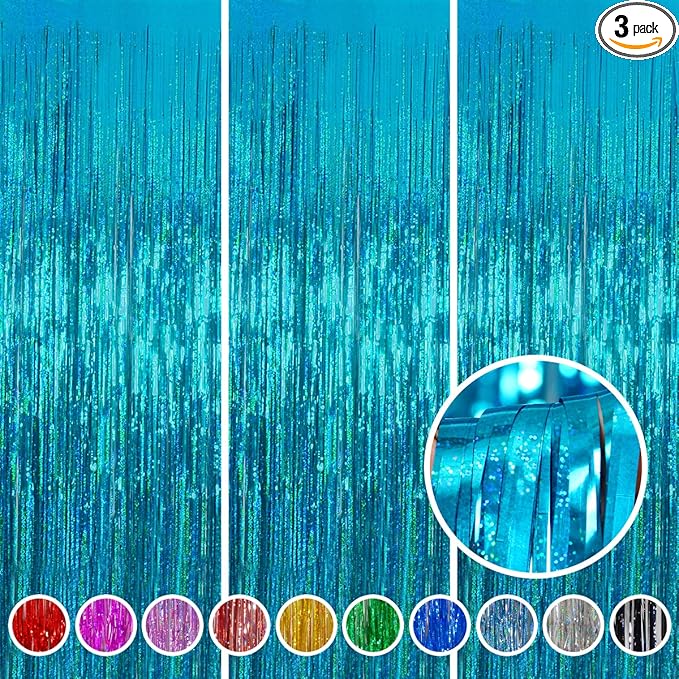 Foil Fringe Curtains Party Decorations - Melsan 3 Pack 3.2 x 8.2 ft Tinsel Curtain Party Photo Backdrop for Birthday Party Baby Shower or Graduation Decorations April fool's Day Decorations Teal