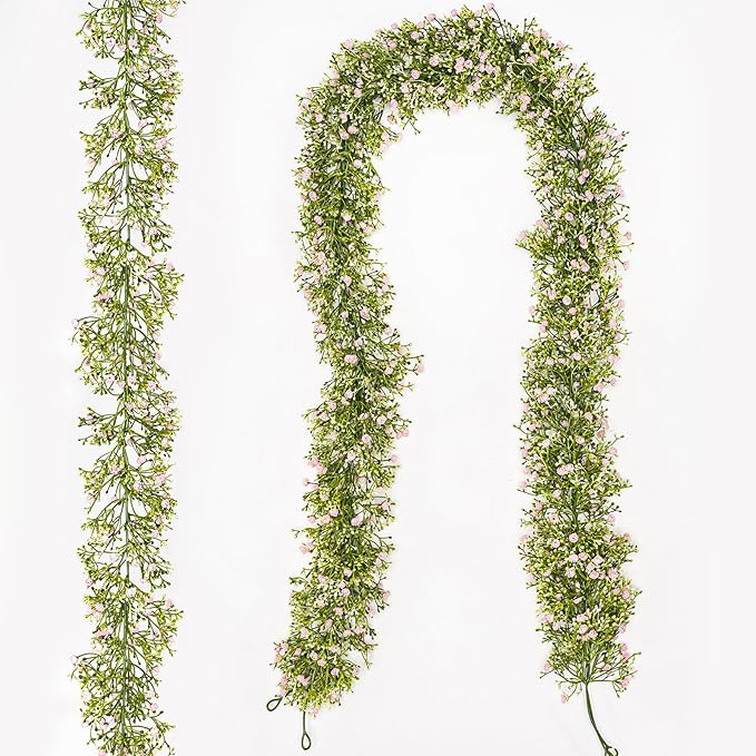 2 Pcs 5.8ft Artificial Baby Breath Flower Vines, Babys Breath Artificial Flowers Real Touch Faux Gypsophila Hanging Fake Baby's Breath Garlands for Wedding and Baby Shower Decor（Pink）