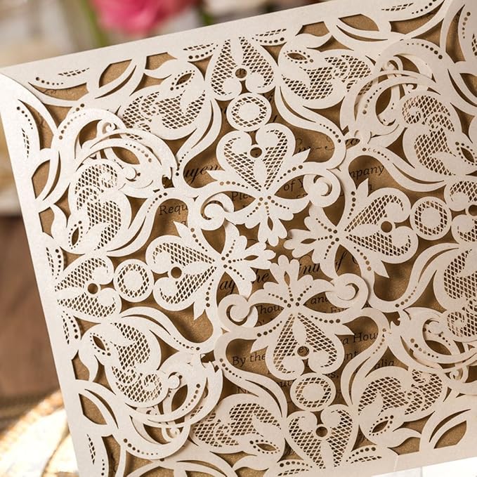 Hosmsua 50PCS Ivory Laser Cut Wedding Invitation Cards with Envelopes 6.3 x 6.3 Inch Hollow Rose Invitations for Wedding Bridal Shower Invite (Ivory, Blank)