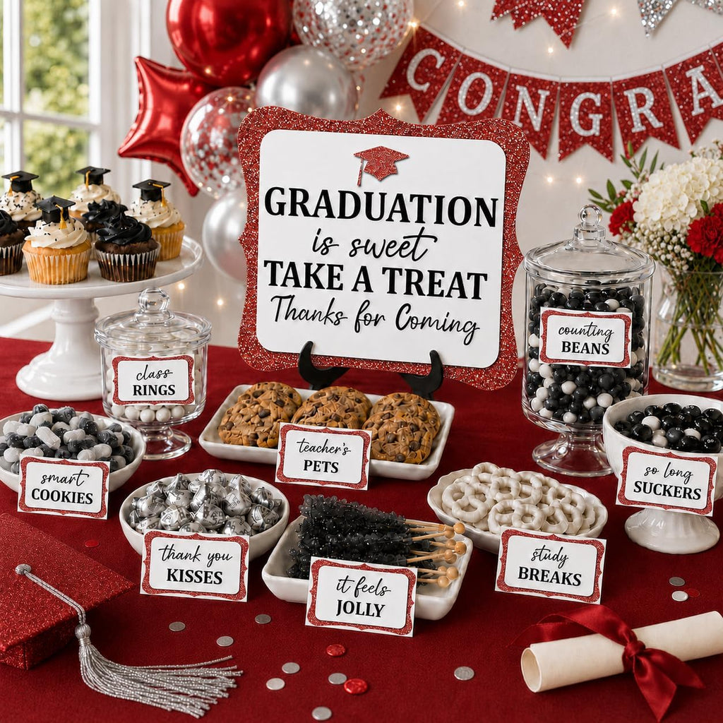 20PCS Graduation Candy Bar Sign, 1 Red Glitter Candy Buffet Table Sign with Stand, Catering Supplies Display for Graduation Decorations Class of 2026 -A04-2