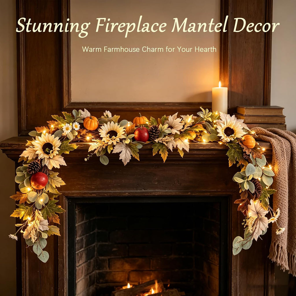 6ft fall garland with lights, sunflower pumpkin daisy, package contents