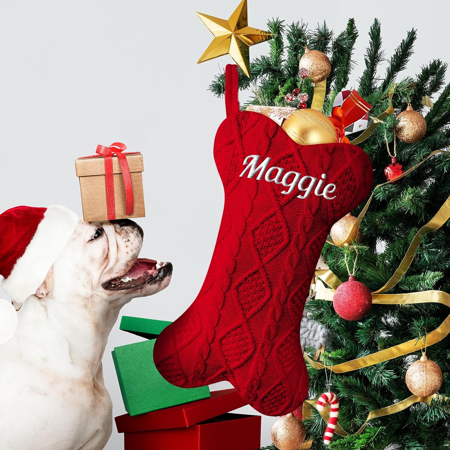 NIBESSER Personalized Dog Christmas Stockings Custom Name Knit Christmas Stockings 16.7” Large Xmas Stocking for Dogs Cats Pet Bone Shape Rustic Farmhouse Fireplace Hanging Ornament