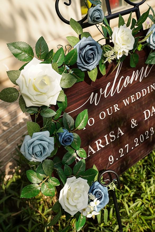 PONATIA 5FT Handcrafted Artificial Rose Flower Garland, Dusty Blue Flowers Greenery Garland for Wedding Ceremony Garlands Backdrop Arch Flowers, Ceremony Reception Table Decorations