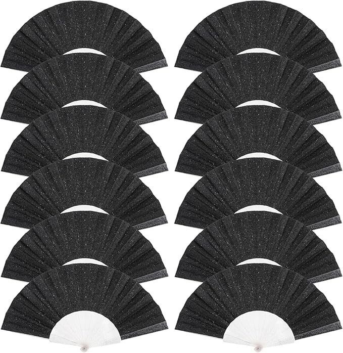 12 Pack Handheld Fan,Folding Hand Glitter fan with Shining Transparent Fan Rib – Ideal for Wedding, Church, Festival, Dance, Tea Party, Club, and EDM Accessories, Black