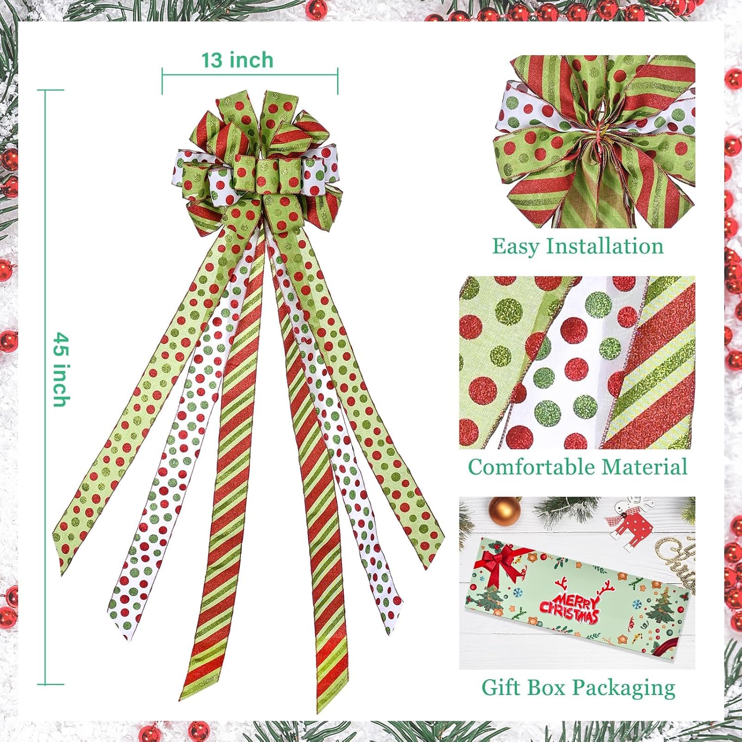 Christmas Tree Topper Wreath Bow Large Green Christmas Bow Tree Topper, Red Green Dot Polyester Gift Bows for Xmas Ornament Holiday Home Thanksgiving Indoor/Outdoor Decoration 45"x13"