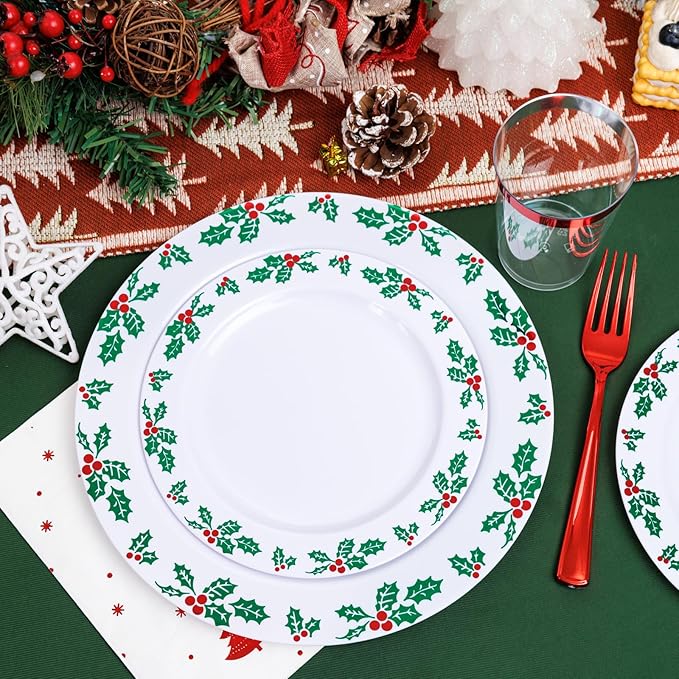 WDF 350pcs Christmas Plates and Napkins Set - Exquisite Holly Design - Christmas Dinnerware Set of 50 Plastic Plates 50 Red Silverware Set&Cups& Napkins