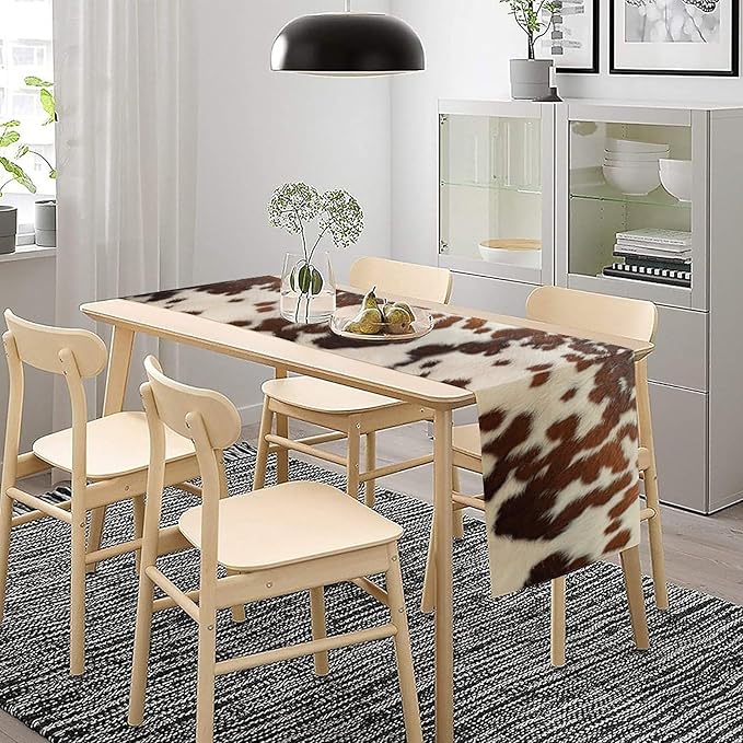 Farmhouse Cow Skin Print Table Runner, Safari Wildlife Brown Country Farm Cowhide Pattern Cotton Linen Rustic Cottage Table Runner for Dinning Home Party Holidays Home Setting, 13x36 Inch