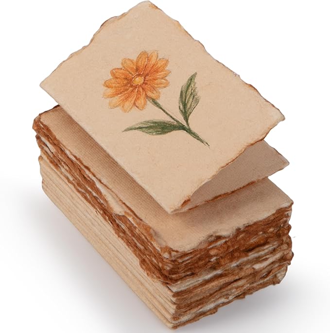 Wanderings Vintage Handmade Deckle Edge Folded Paper – Folded to 3.5"x2" – 150 GSM - 50-Pack – Textured Cotton Paper – Ideal for Place Cards, Blank Name Cards, Table Settings, Gift Tags, Love Notes