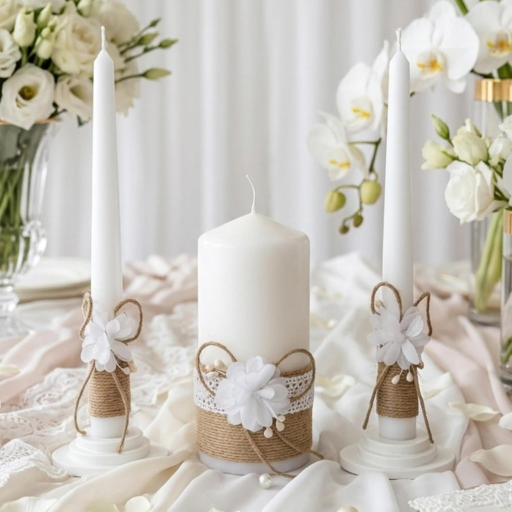 Unity Candle Set - Wedding Ceremony & Reception – 6” Pillar & Two 10” Taper Candles – Long Burning Wedding Unity Candles for Marriage Ritual – Home Decor- Handmade in USA – White | Rustic