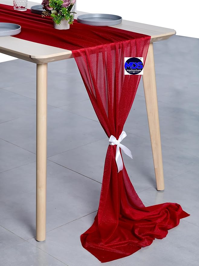 MDS 2 Pack 10ft Chiffon Table Runner 29 x 120 Inches Sheer Wedding Runner Romantic Rustic Table Runner for Wedding Decorations, Birthday Parties, Bridal Shower Party Arch Decor - Apple red