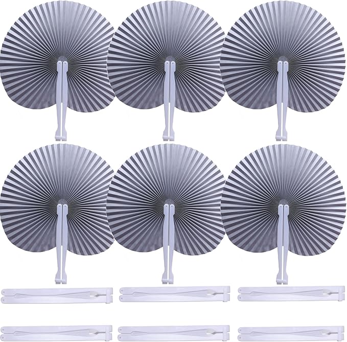 12 Packs Decorative Paper Folding Hand Fans Handheld,Silver Round Foldable Wedding Fans Chinese and Japanese Fans Bulk for Bridal Guest Church Party Favors Dancing Birthday DIY