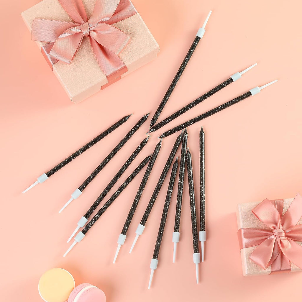 36-Count Black Glitter Long Thin Birthday Candles, Cake Candles, Birthday Parties, Wedding Decorations, Party Candles