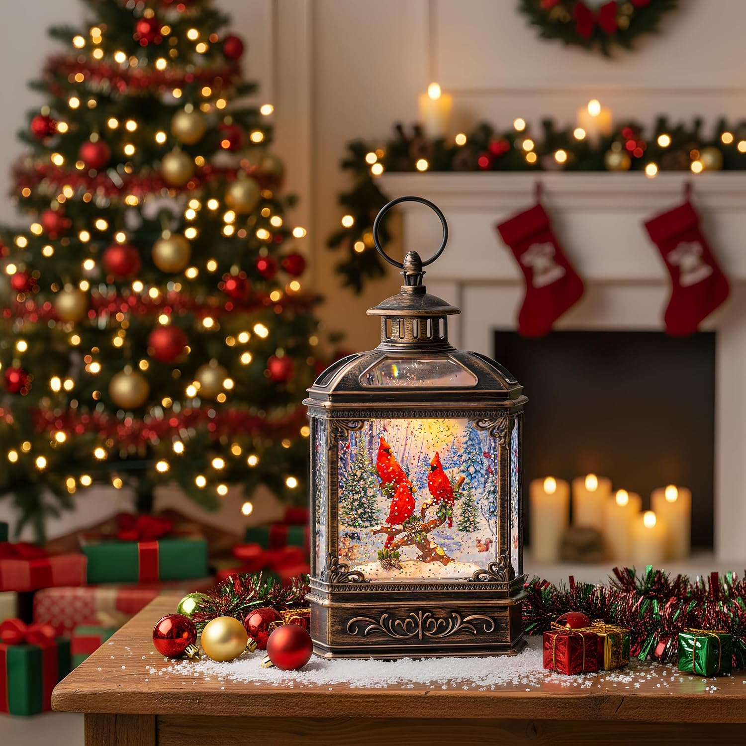 Christmas Snow Globe Water Glittering Cardinal with Music, USB Lined/Battery Operated Lighted Lantern for Christmas Festival Decoration Gifts