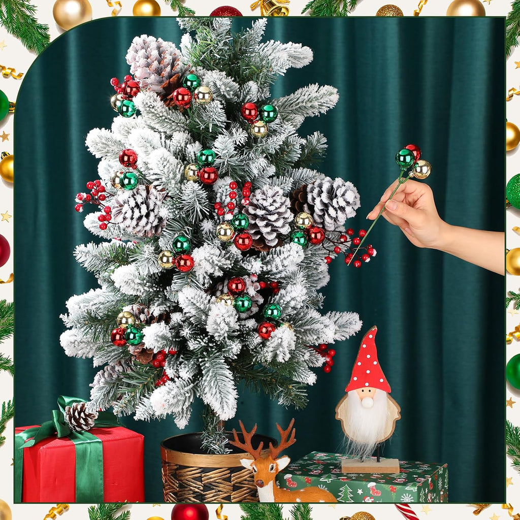 Syhood 12 Set 7.9 Inch Christmas Ball Picks and Sprays Shatterproof Xmas Red Green Gold Ball Ornaments on Wired Picks for Christmas Tree Vase Wreath Stairs Garland Decoration Supplies