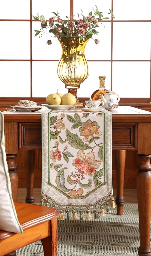 patdrea Designer Elegant French Floral Velvet Table Runner, Fresh Green with Orange Blossoms Pattern Table Mat, Decoration for Kitchen Dining Coffee Table Cabinet Banquet Thanksgiving,12"*71"