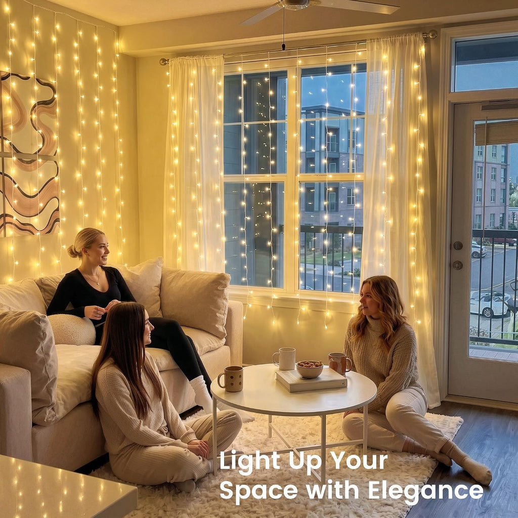 HEYFUNi 6.6FT x 6.6FT Warm White Curtain Lights Plug in, 200 LED | Window String Lights With Remote, 8 Modes, Timer, Memory, Connectable Fairy Lights for Bedroom, Wall, Wedding, Dorm Decor