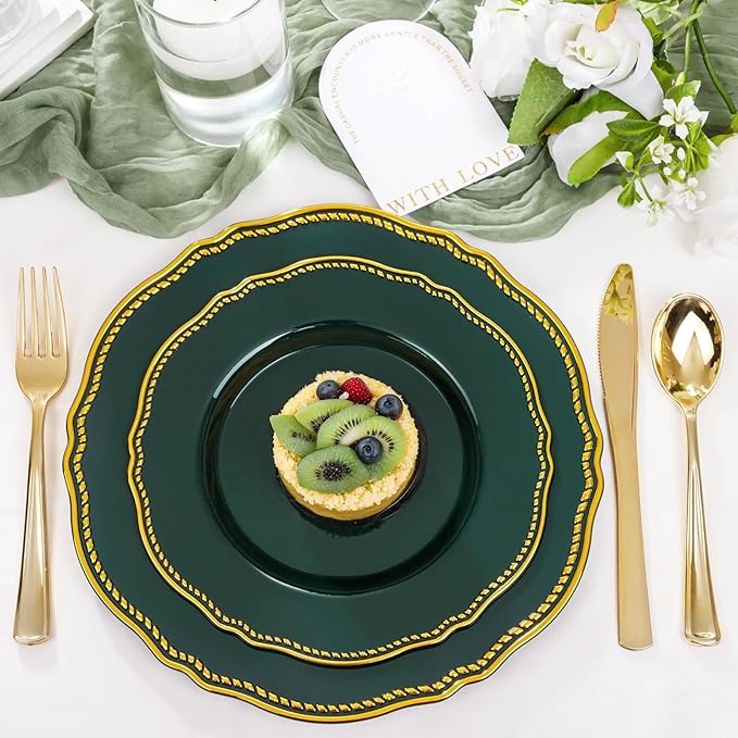 Hioasis 60pcs Green Plastic Plates - Green and Gold Disposable Dinnerware with Gold Rim, Heavy-duty, 10.25 inch, Dinner Plates for Party & Wedding