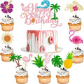Ephlyn 33Pcs Summer Beach Happy Birthday Cake Topper Tropical Cupcake Toppers Flamingo Flower Palm Tree Cake Decorations for Summer Hawaiian Birthday Party Supplies Pink Multicolor