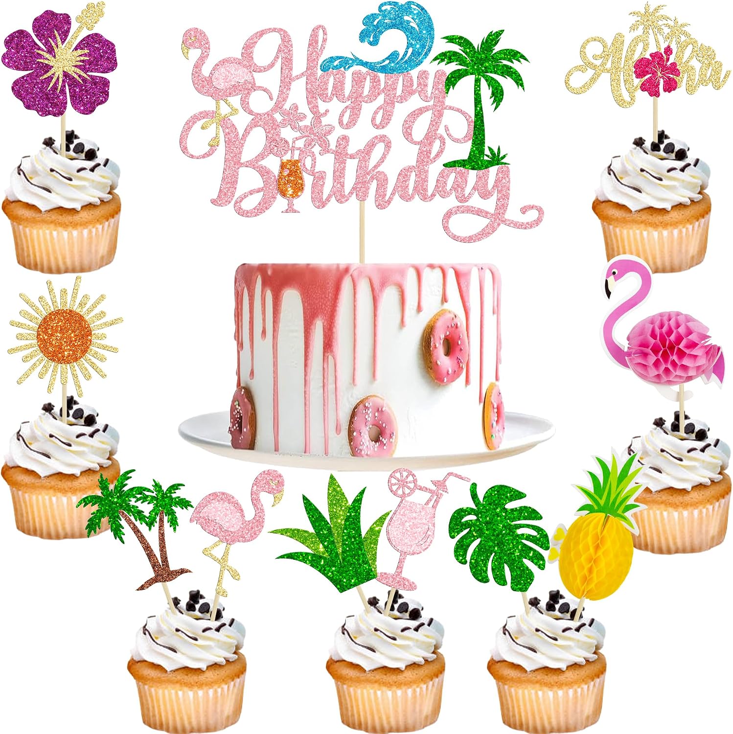 Ephlyn 33Pcs Summer Beach Happy Birthday Cake Topper Tropical Cupcake Toppers Flamingo Flower Palm Tree Cake Decorations for Summer Hawaiian Birthday Party Supplies Pink Multicolor