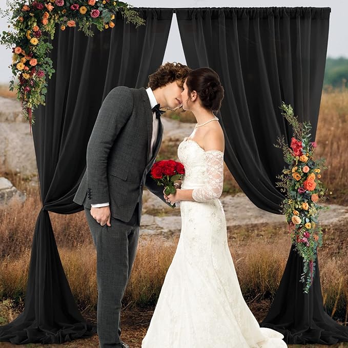 PARTISKY 10ftx10ft Black Chiffon Sheer Backdrop Curtains, Wrinkle-Free Wedding Backdrop Drapes for Birthday Party Ceremony Arch Stage Decor Background for Photography 5ft x 10ft,2 Panels