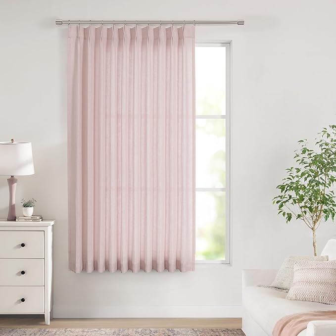 Vision Home Soft Pink Pinch Pleated Semi Sheer Curtains Textured Linen Blended Light Filtering Window Curtains 72 inch for Living Room Bedroom Patio Pinch Pleat Drapes with Hooks 1 Panel 60" Wx72 L