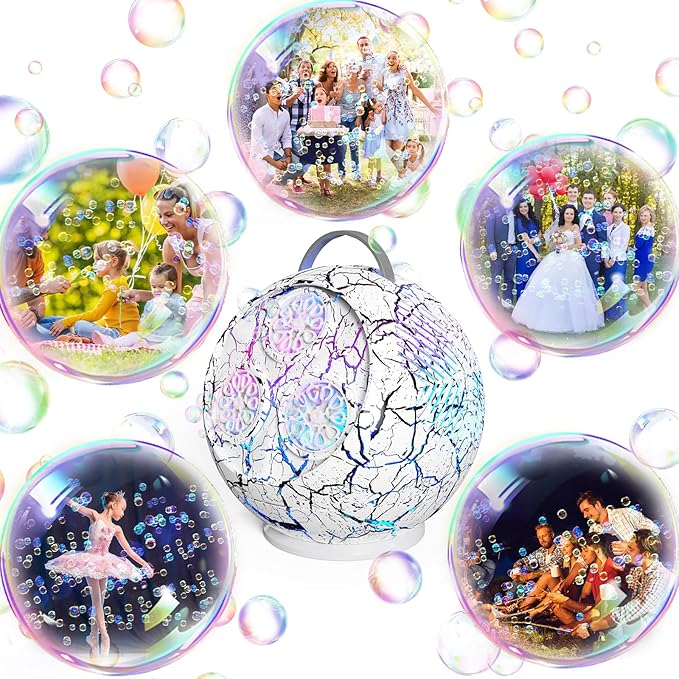 Bubble Machine Automatic Bubble Blower for Kids Toddlers Rechargeable Portable Spherical LED Bubble Maker Electric Auto Rotating 45°/360° Outdoor Toy Birthday Party Wedding (Spherical Crackle White)