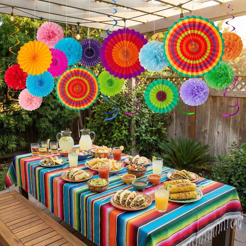 35PCS Fiesta Paper Fan Party Decorations Set | Cinco De Mayo Pom Poms, Pre-assembled Pennant, Garland String & Banner, Hanging Swirls, Hispanic Heritage Month Decor