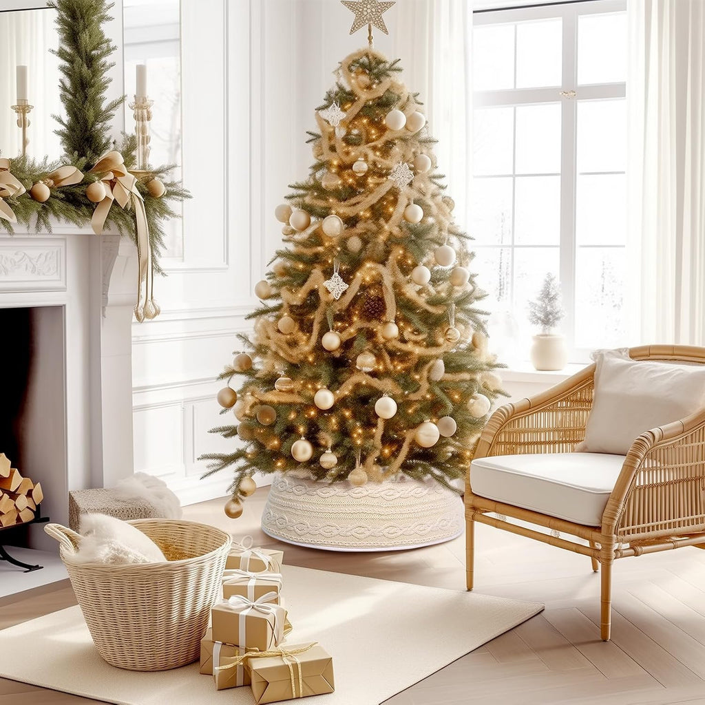 WBHome Christmas Tree Collar, Adjustable 28 inch Cable Knit Knitted Thick Rustic Holiday Decoration, Farmhouse Tree Ring Tree Skirt for Christmas Home Décor, Beige