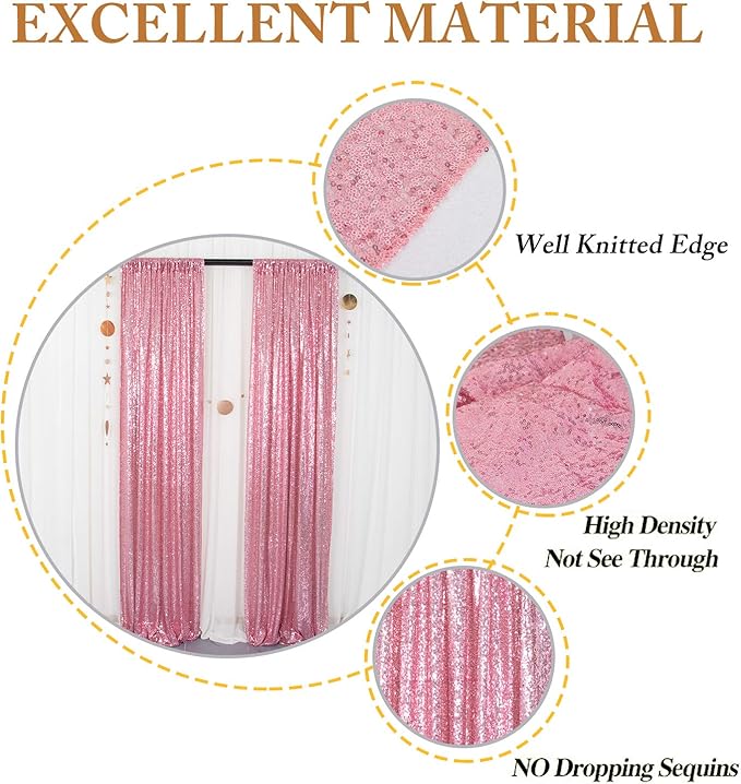 ShinyBeauty Rose Pink Backdrop 2FTx8FT Sequin Backdrops 8 Panels Photo Backgrounds Shimmer Background Sparkly Curtains 16Ftx8FT for Birthday Wedding Party Decor