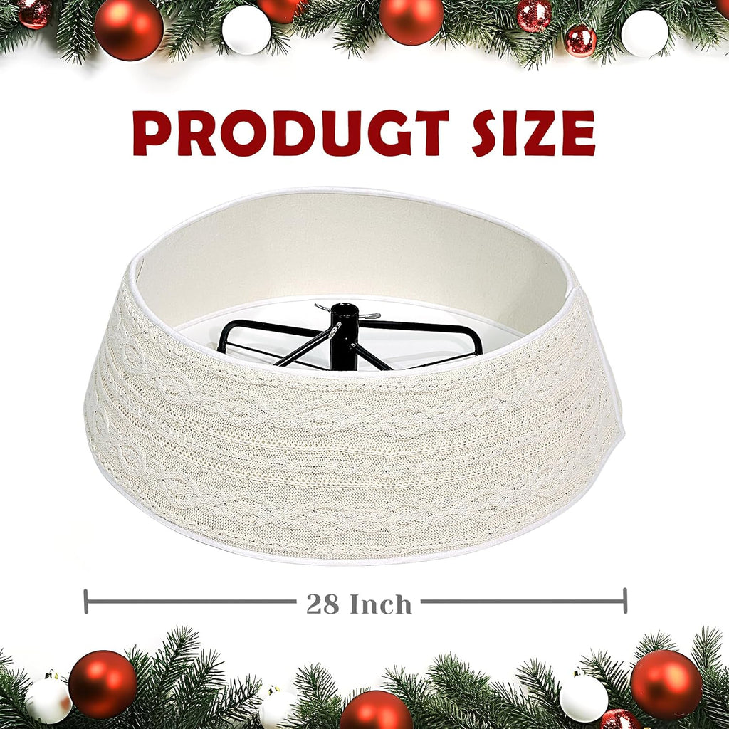 WBHome Christmas Tree Collar, Adjustable 28 inch Cable Knit Knitted Thick Rustic Holiday Decoration, Farmhouse Tree Ring Tree Skirt for Christmas Home Décor, Beige