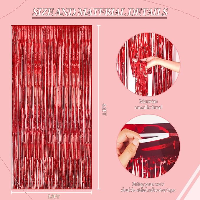 3 Pack Foil Fringe Backdrop - Red Shiny Tinsel Curtains for Party Decoration/Photo Booth Props - 3.3x8.2 FT Metallic Foil Backdrop for Birthday, Wedding, Graduation, Christmas.
