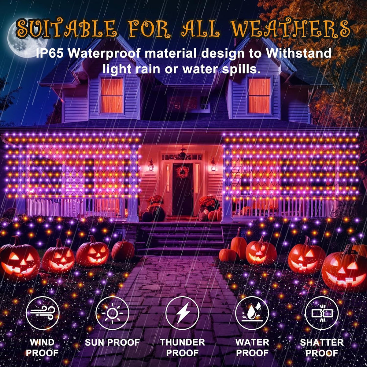 HYH Halloween Net Lights Outdoor 360 LED 12x5 FT Bush Orange Purple Light