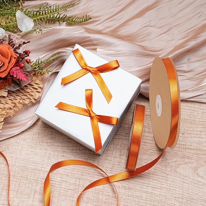 LaRibbons Orange Satin Ribbon 3/8 Inch 50 Yards Thin Luxury Double Faced Russet Orange Silk Ribbon for Flower Bouquet Crafts Gift Wrapping Wedding Fall Decoration