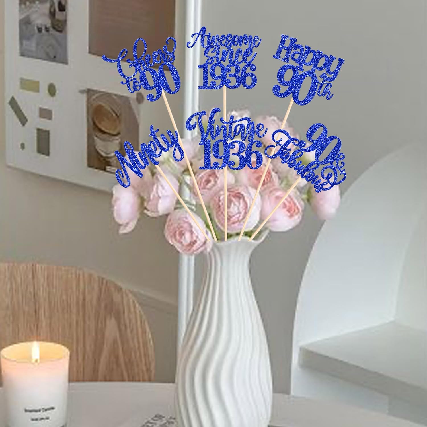 12 Pack Happy 90th Birthday Centerpiece Sticks Glitter Straight Outta 1936 Sixteen 90 Years Old Awesome Since 1936 Table Flower Centerpiece Sticks for 90 Fabulous Theme Party Supplies Blue