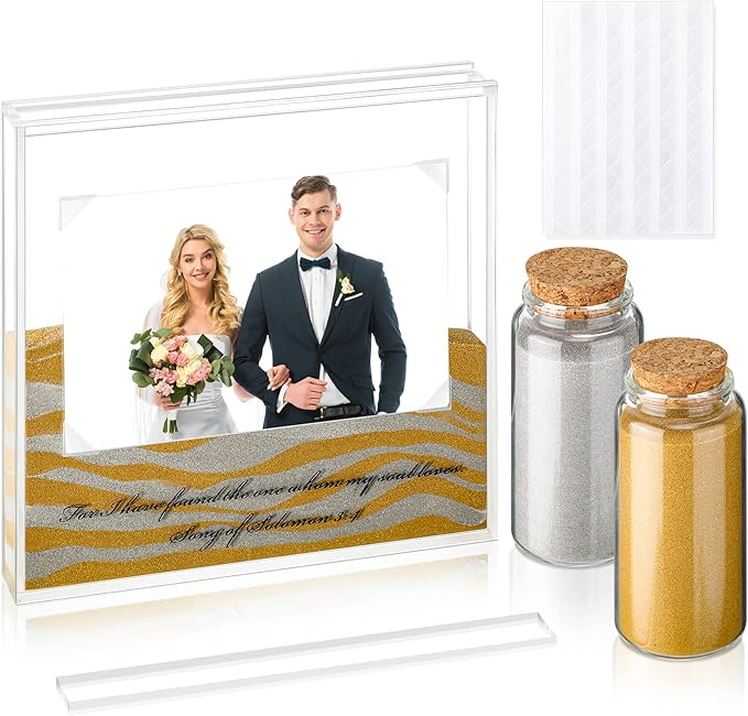 Roowest Sand Ceremony Kit for Wedding Includes Clear Acrylic Unity Sand Ceremony Photo Frame 2 Pack Photo Fixing Corner Stickers and 2 Glass Unity Holder for Wedding Home Decor(Yellow, Gray)