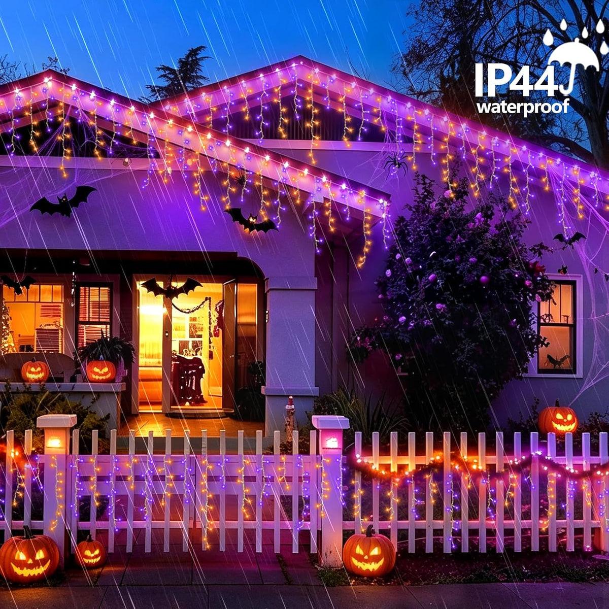 YEGUO 33ft 400 LED Orange and Purple Icicle Halloween Lights, 80 Drops Icicle...