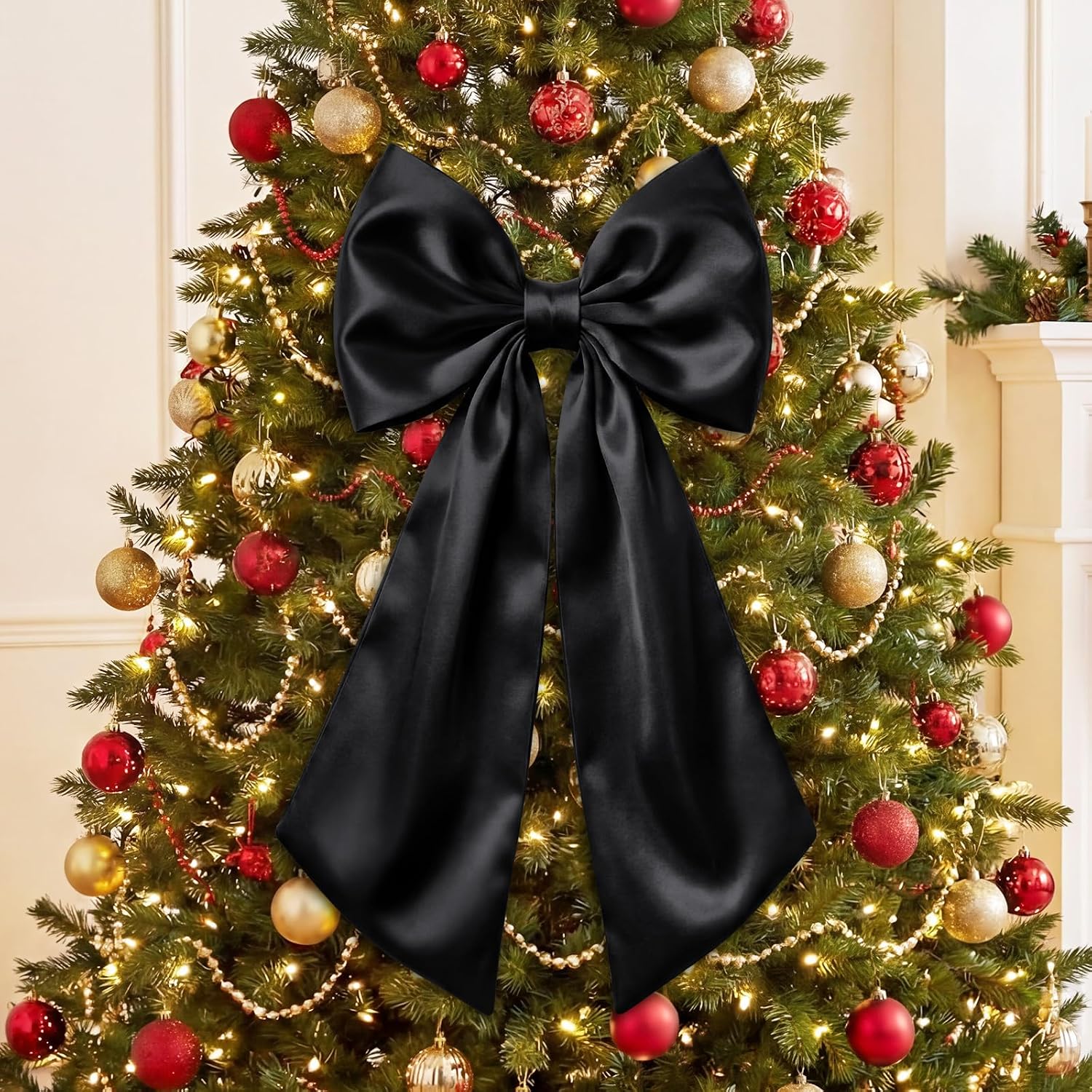 Suncalla 3 Pcs Large Black Bow Decor - 24 x 12 in Big Satin Bows Hanging Wall Decors for Crib Skirt Nursery Bedding Wedding Room Birthday Bridal Shower Christmas Fireplace Party Supplies