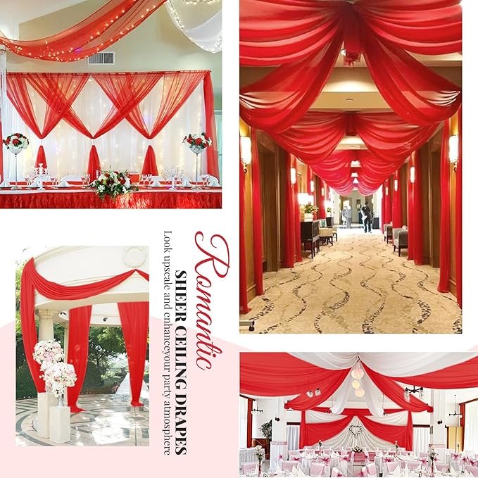 6 Panels Red Wedding Ceiling Drapes 5ftx30ft Ceiling Drapes Chiffon Fabric Arch Draping Sheer Curtains Soft Drapery Draping Wedding Ceiling Decorations for Party Ceremony Stage Swag