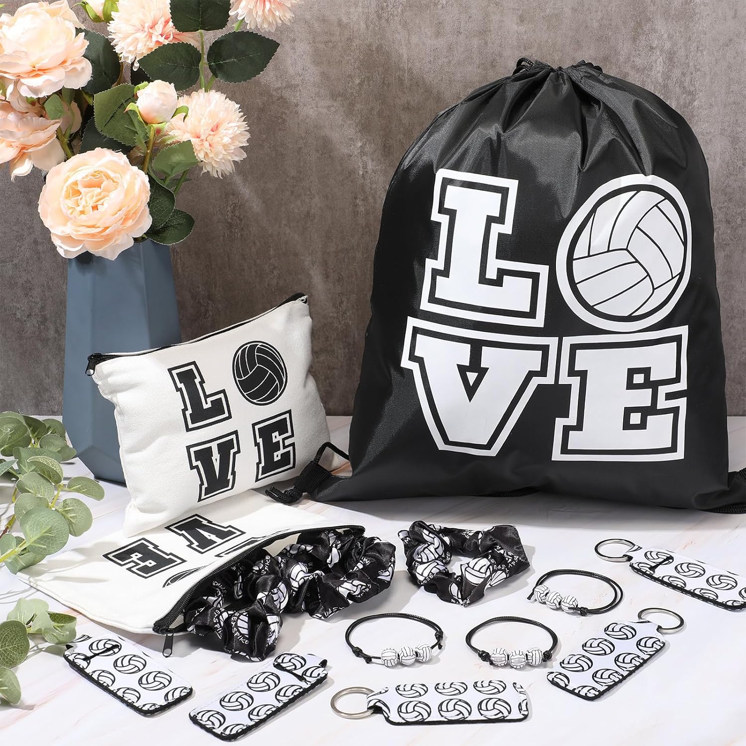 Tigeen 60 Pcs Volleyball Gifts for Teen Girls Volleyball Drawstring Gift Bags Charm Bracelet Hair Scrunchies Makeup Bag Lipstick Holders Keychain Sports Party Supplies