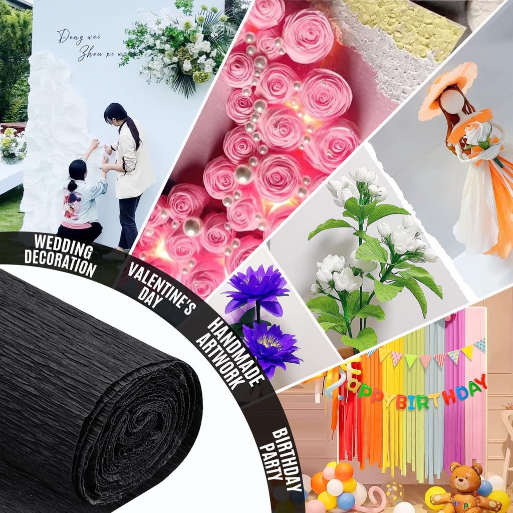 Black Crepe Paper Roll (9.8Inch x 8.2Ft/3Rolls), Crepe Paper Sheet for Flower Making, Papel Crepe for Valentine's Day, Birthday, Wedding, Party Decoration DIY Craft